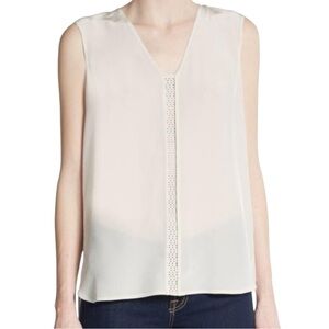 Vince Silk Blouse Top w Perforated Leather Panel Size Med Cream White Sleeveless